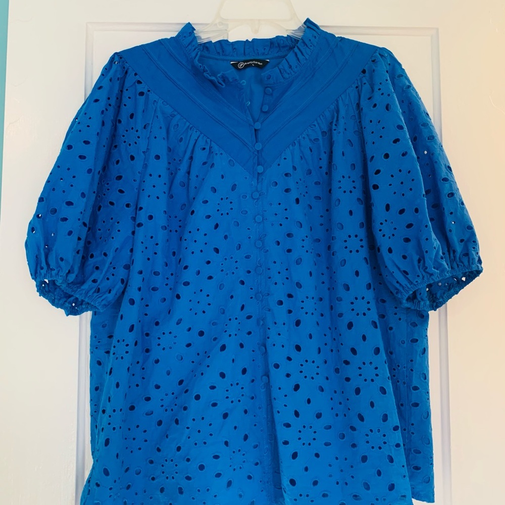 Elegant Blue Eyelet Blouse retro embroidered puff sleeves